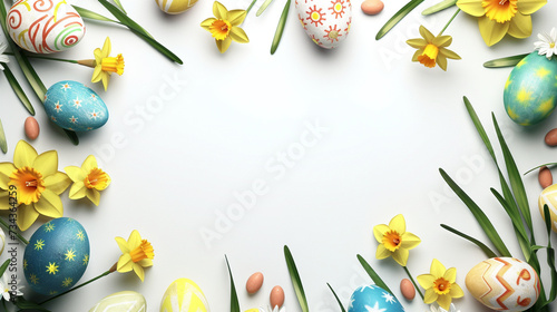 Floral Easter Frame: Clipart with Easter Eggs, Narcissus Flowers and Grass Filigree on a White Background, Offering Plenty of Space for Creative Text.