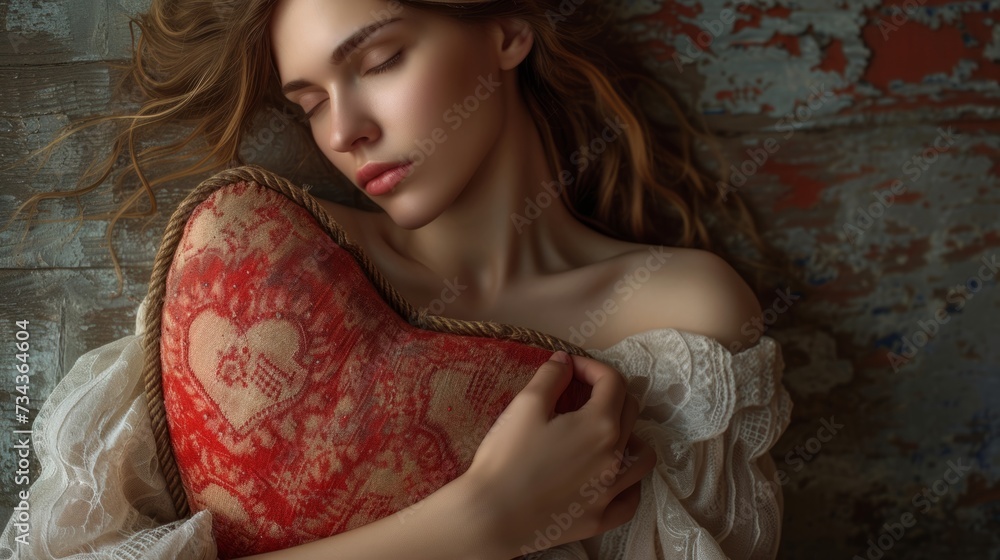 Fototapeta premium Woman holding a heart shaped cushion generative ai