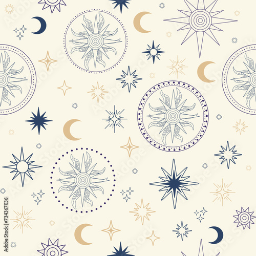 Crescent stars and sun seamless pattern