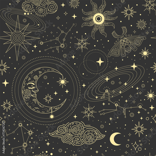 Star constellation moon and sun seamless pattern