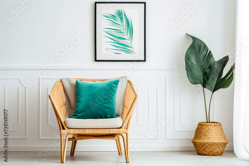 Padded Wicker chair with blue cushion beside a potted floor plant in Wicker pot set against a white half panelled wall with framed floral wall art mock up of interior room design photo