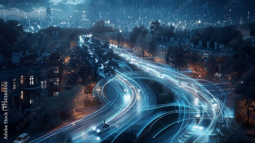 Obraz premium Fiber Optic Lines Weaving Seamlessly Through Cityscape, Symbolizing High-Speed Internet and Communication Network .