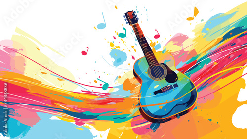 Stylized Colorful Illustration of Guitar and Music Notes