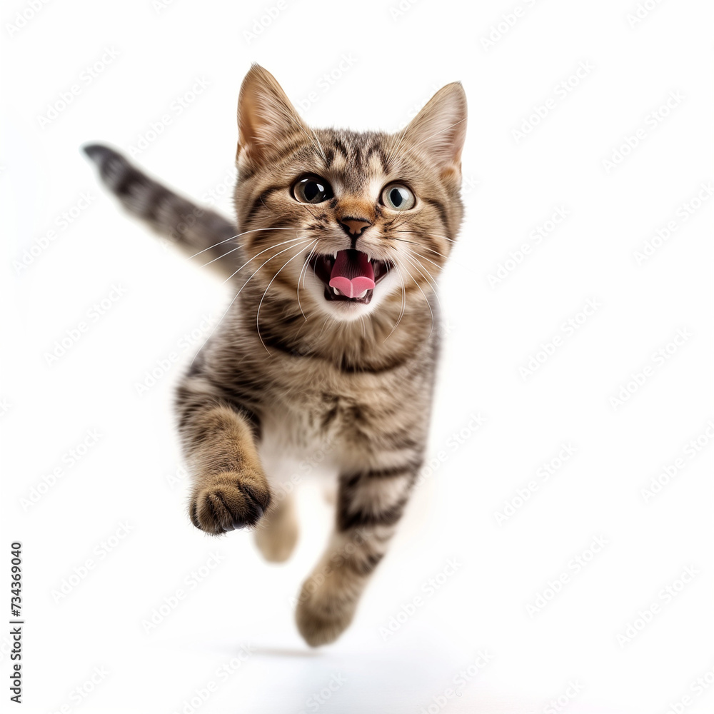 Playful Kitten with Mouth Open Showing Teeth and Claws Out Having Fun and Being Curious on White Background Playful Kitten with Mouth Open Showing Teeth and Claws Out Having Fun and Being Curious on White Background