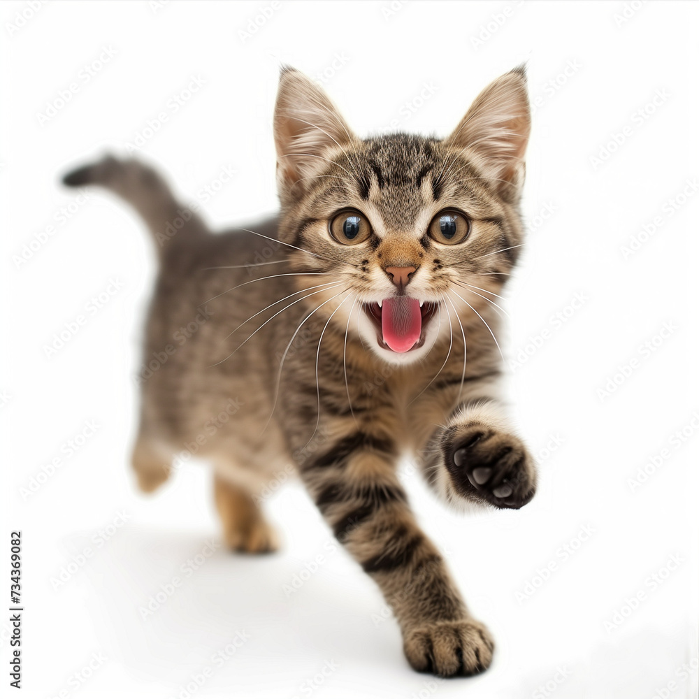 Obraz premium Playful Kitten with Mouth Open Showing Teeth and Claws Out Having Fun and Being Curious on White Background
