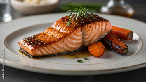 Grilled salmon with carrot on a plate