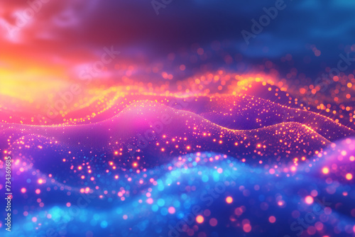 A mesmerizing abstract image of a digital particle wave, creating a dynamic flow of glowing dots across a spectrum of vibrant colors. © Sunshine