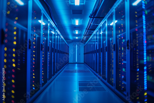 Big data concept, Interior of a modern data center with rows of high powered servers and blue LED lights, showcasing high-speed data processing and cloud storage capabilities.