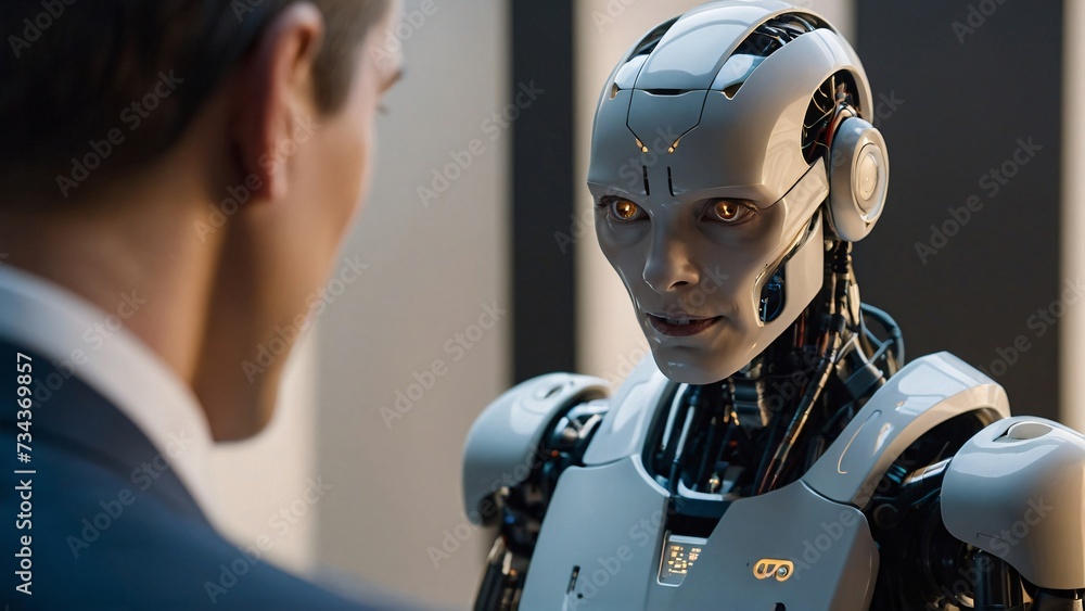 Person talking to AI cyborg, futuristic design Person talking to AI cyborg, futuristic design