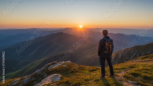 Person standing on the mountain peak during sunset