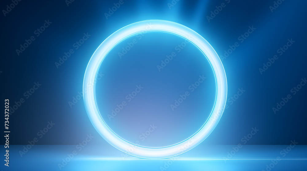Minimalistic abstract blurry light blue background for product presentation with a circular neon glow