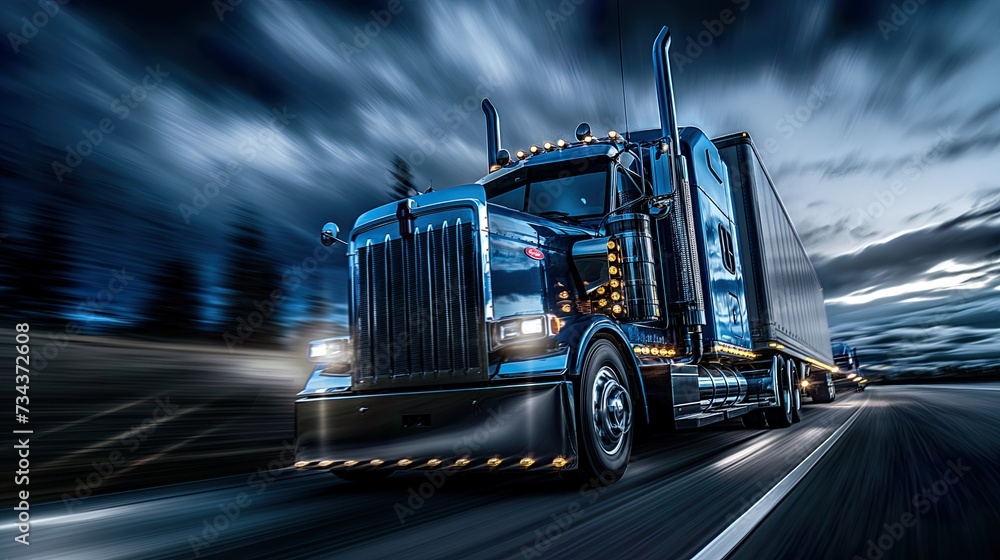 commercial blue truck powers through stormy weather, embodying Truck Transportation logistics with its sturdy build, reliable freight services, and dedicated truck transportation logistics