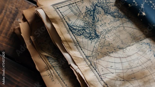 Ancient cartographic maps on old and weathered papers spread across a wooden table, with a star chart on top. Exploration, adventures, and astrology for the background of a banner or wallpaperr photo