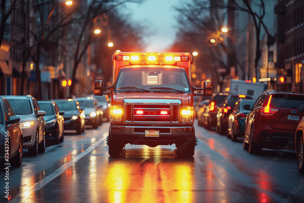 Ambulance in an emergency on the streets of an American city, at night. Ambulance in an emergency on the streets of an American city, at night.