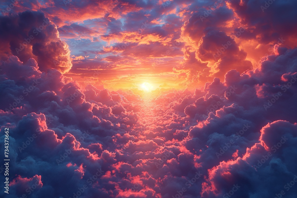 The path to paradise in heaven is guided by good deeds. Heavenly clouds background.