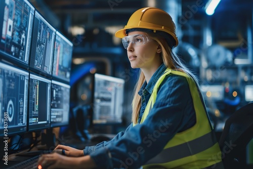 Female engineer works in the control post of a power plant, monitoring the safety of the plant.