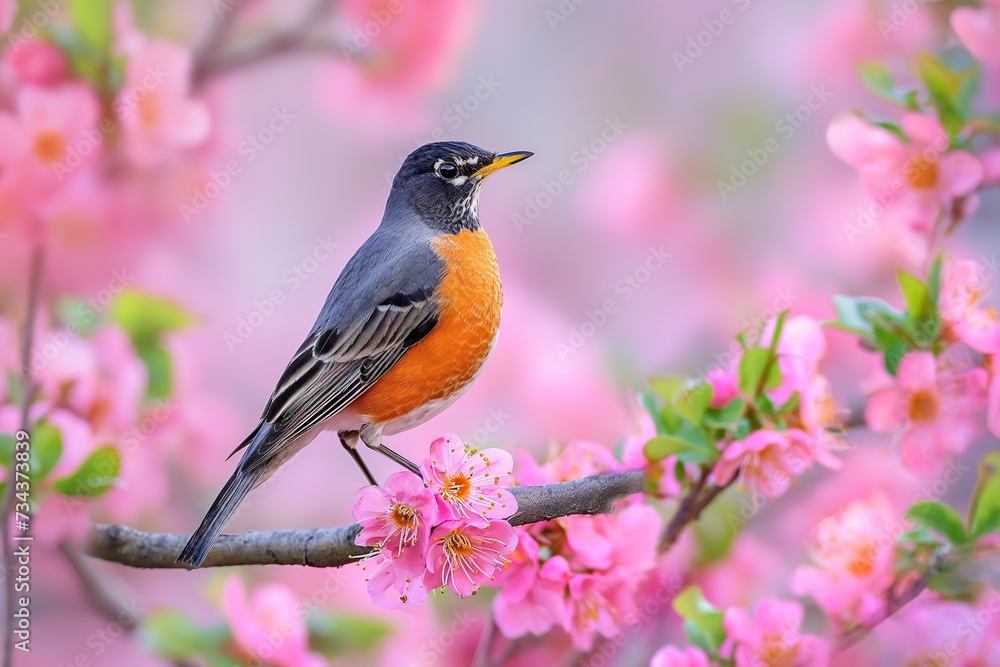 A bird is calmly sitting on a branch of a flowering tree in a natural setting. A bird is calmly sitting on a branch of a flowering tree in a natural setting.