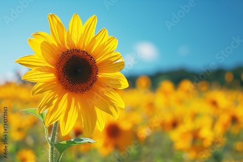 A striking image showcasing a substantial sunflower standing out in a vast field of sunflowers.
