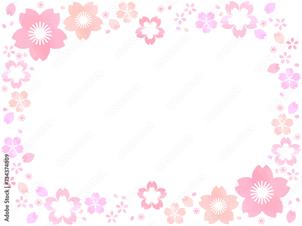 桜の花のイラストフレーム、水彩風の淡い色合い
