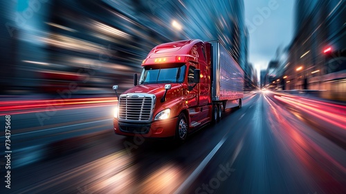 Truck Transportation logistics embodied in the sleek design of a commercial black truck against a city night, reflecting the pulse of urban cargo movement and core truck transportation logistics