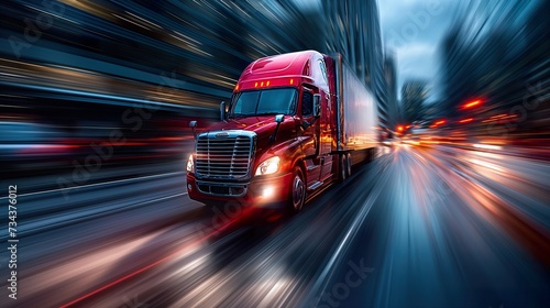 Truck Transportation logistics embodied in the sleek design of a commercial black truck against a city night, reflecting the pulse of urban cargo movement and core truck transportation logistics