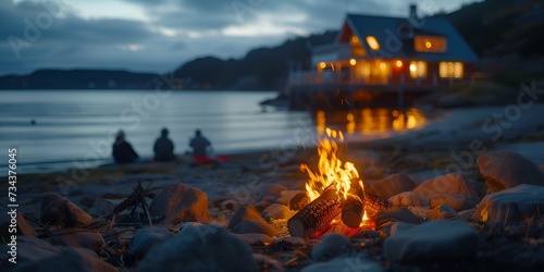 Bonfire on the beach at night. Camping on the shore of the lake.