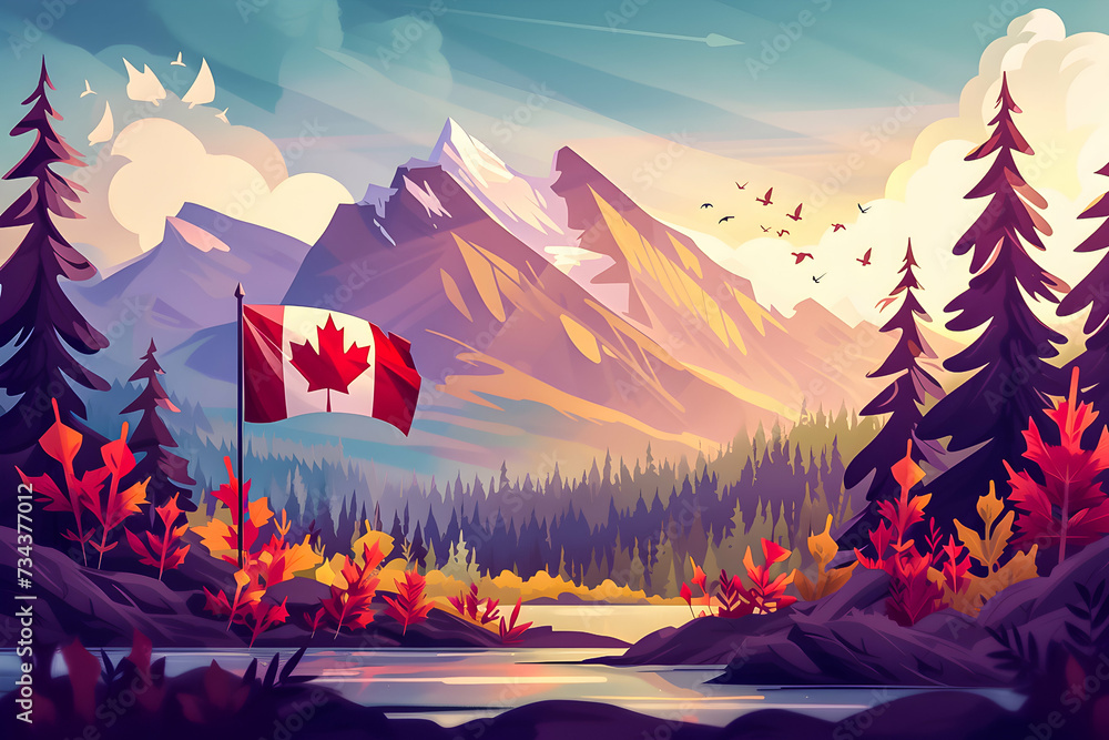 Vibrant Canadian landscape with flag, mountains, and autumn trees.