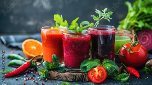 portrait of glasses with vegetable juices. beetroot juice, tomato juice, chili juice