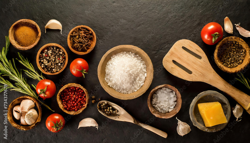 Various spices and herbs on dark stone background. Top view with copy space