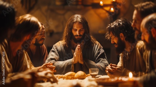 Scene, of Jesus Christ praying during the last supper with his apostles
