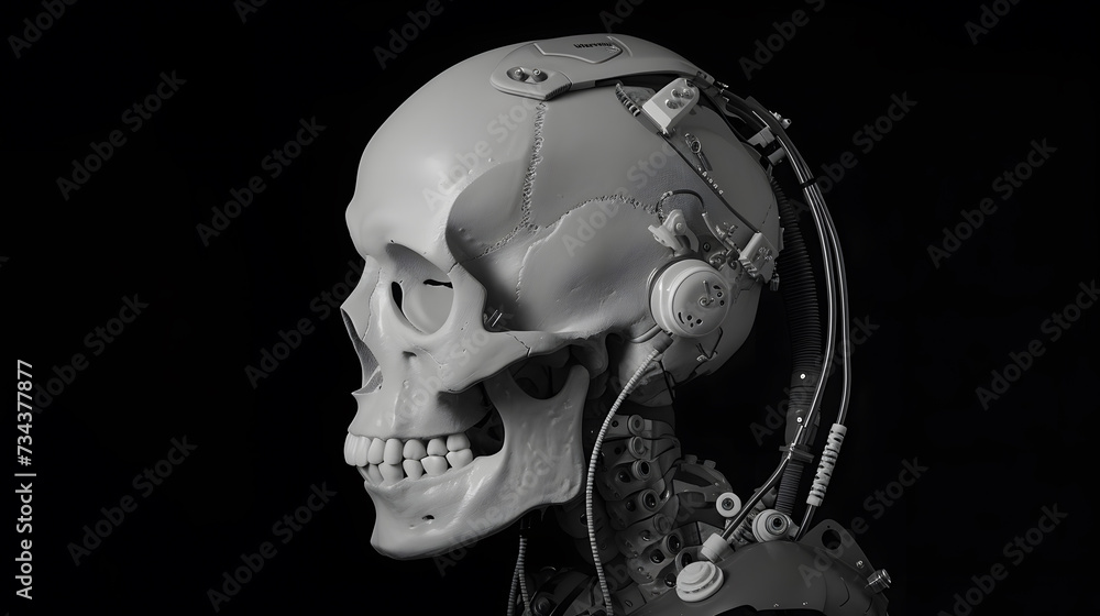Skull of a robot in the laboratory. Close-up.Mechanical Fusion: A Juxtaposition of Human Skull and Intricate Machine Components in a Stark Contrast of Life and AI. Skull of a robot in the laboratory. Close-up.Mechanical Fusion: A Juxtaposition of Human Skull and Intricate Machine Components in a Stark Contrast of Life and AI.