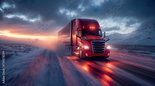 Commercial power meets Truck Transportation logistics in this image of a blue semi truck in motion under stormy skies, encapsulating freight, speed, and transport industry logistics