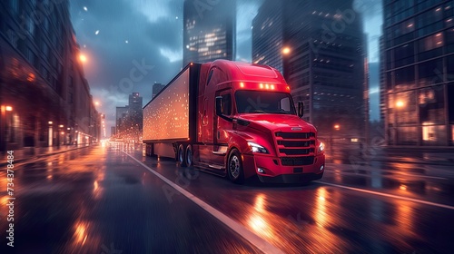 Truck Transportation logistics defined by a powerful  commercial semi-truck speeding under stormy skies, capturing the essence of cargo delivery and truck transportation logistics © TEERAPONG