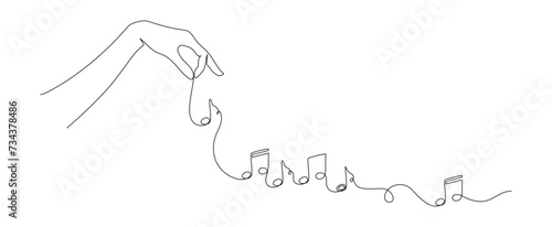 One continuous line drawing of musical notes with hand. Horizontal web banner and minimalist logo of sound and music school in simple linear style. Editable stroke. Doodle vector illustration