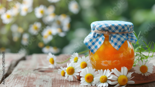 peach jam jar with blue gingham lid and chamomile  spring concept on wooden background