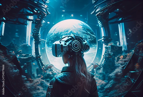 Metaverse technology future concept. VR virtual digital reality cyber metaverse simulation Innovation connection global blockchain experiences network futuristic. 3d rendering. Generative AI photo