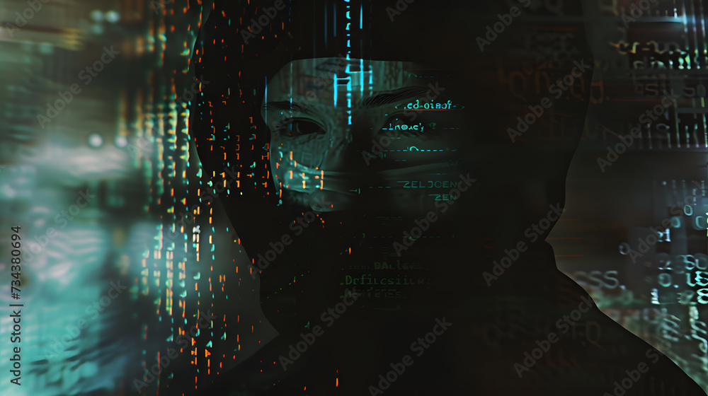 Fototapeta premium Silhouette of a hacker in front of a binary code background,Cyber attack concept with man in mask and binary code on black background.