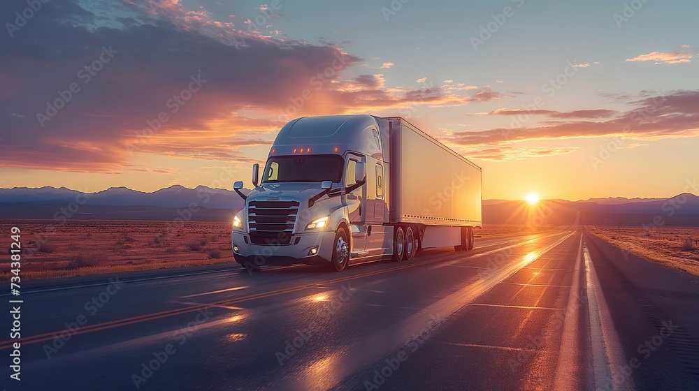 Truck Transportation logistics in motion, as a commercial semi-truck races against a tempestuous backdrop, epitomizing swift, reliable truck transportation logistics