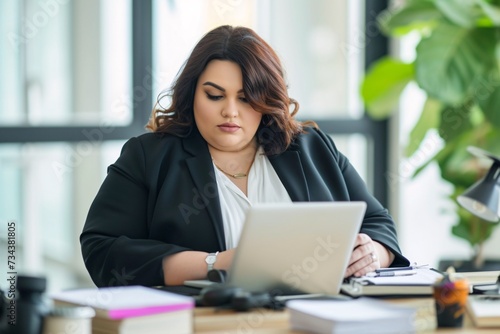 Overweight woman office employee sitting at the desk next to computer healthy in office job concept = Generative ai