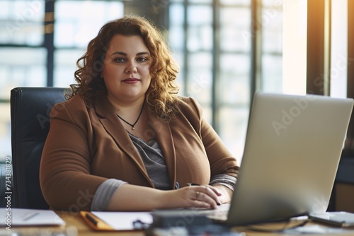 Overweight woman office employee sitting at the desk next to computer healthy  in office job concept = Generative ai photo