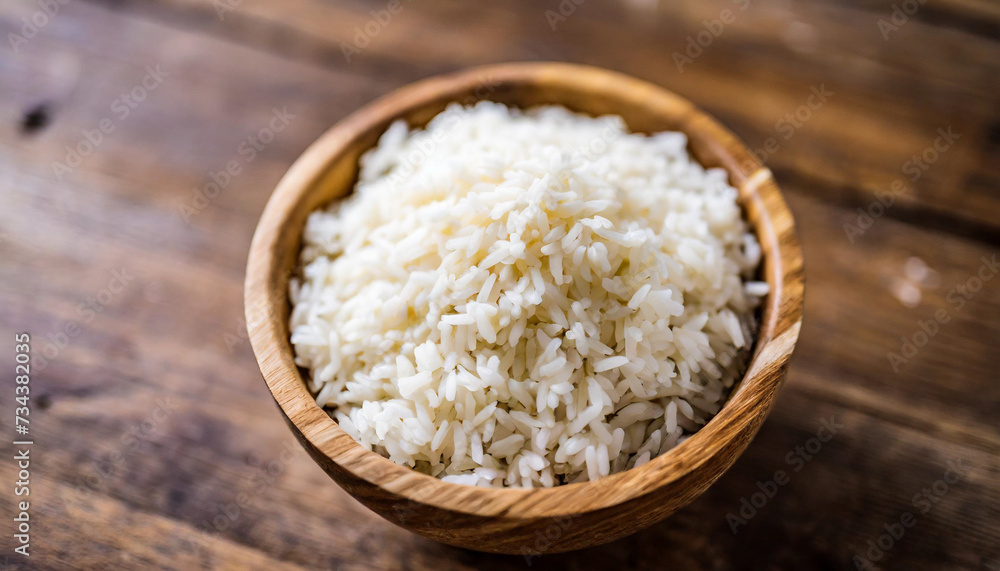 Cooked rice in bowl on wooden background, symbolizing nutrition, sustenance, Asian cuisine. Copy space for food-related concepts Cooked rice in bowl on wooden background, symbolizing nutrition, sustenance, Asian cuisine. Copy space for food-related concepts