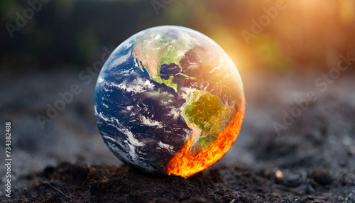 Half-burnt Earth symbolizing global warming crisis, depicting environmental devastation and urgency for action