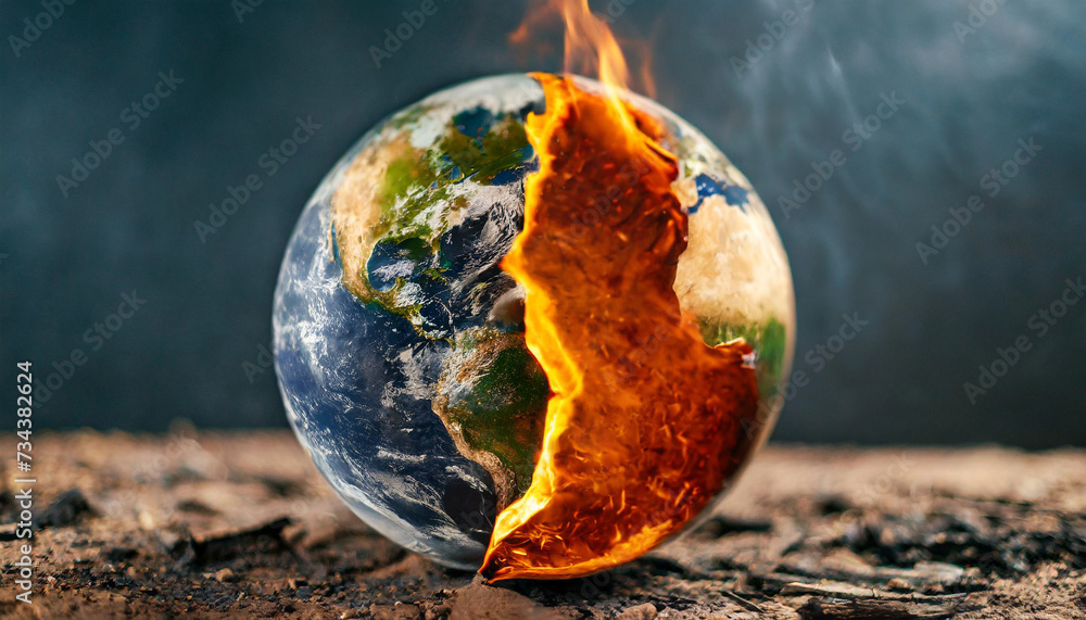 Half-burnt Earth symbolizing global warming crisis, depicting environmental devastation and urgency for action - obrazy, fototapety, plakaty 