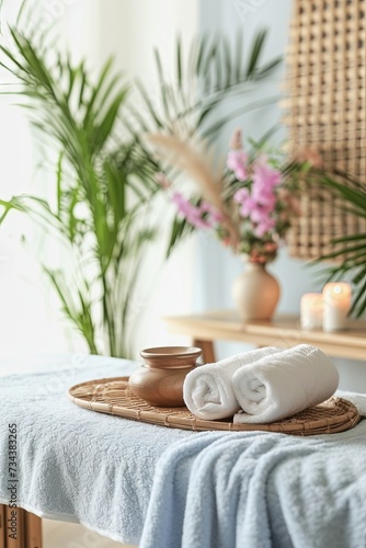 Serene At-Home Spa Setting With Rolled Towels, Candles, and Plants in Daylight
