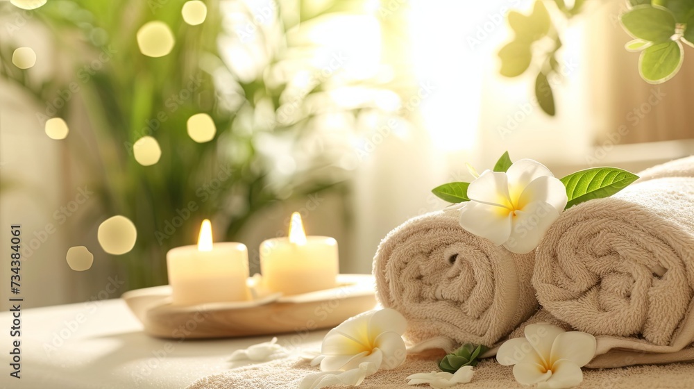 Serene Spa Setting With Rolled Towels, Candles, and Flowers in Golden Afternoon Light
