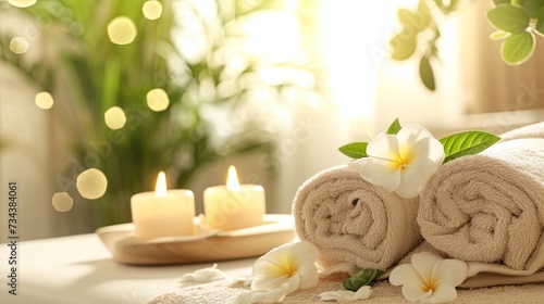 Serene Spa Setting With Rolled Towels  Candles  and Flowers in Golden Afternoon Light