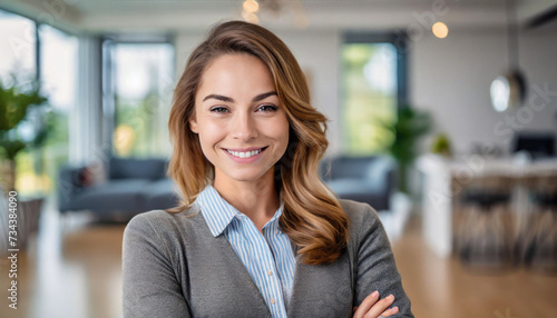 House model on blurred living room background symbolizes home selection with Caucasian female real estate agent