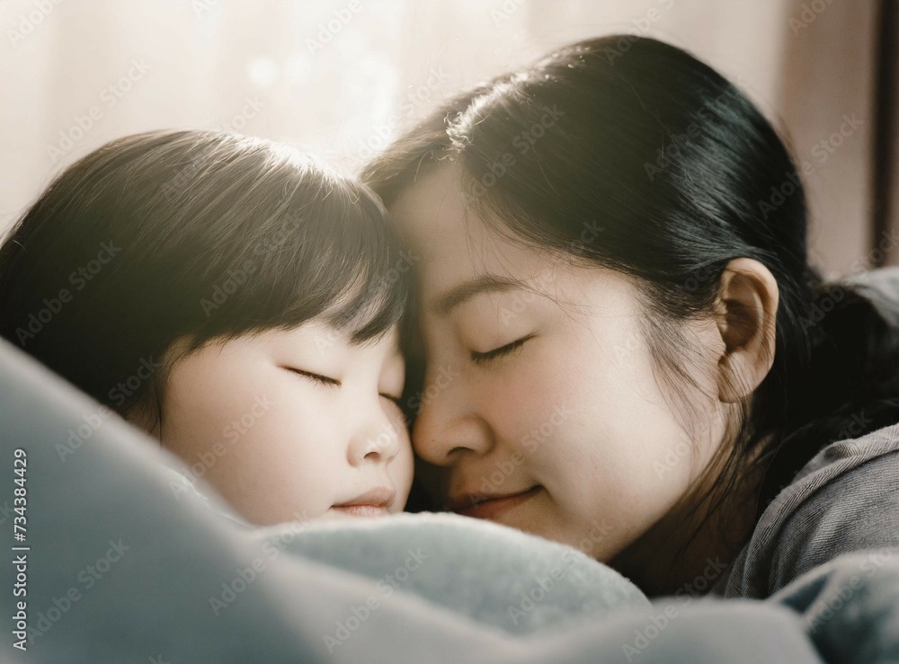 Asian mother with her little child. Sleeping together and smiling. Asian mother with her little child. Sleeping together and smiling.