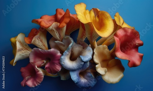 Mushroom chanterelle on blue background, top view