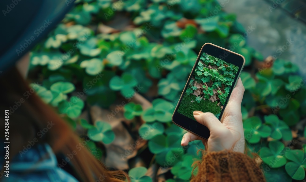 Woman taking photo of green clover leaves with smartphone in the garden Woman taking photo of green clover leaves with smartphone in the garden